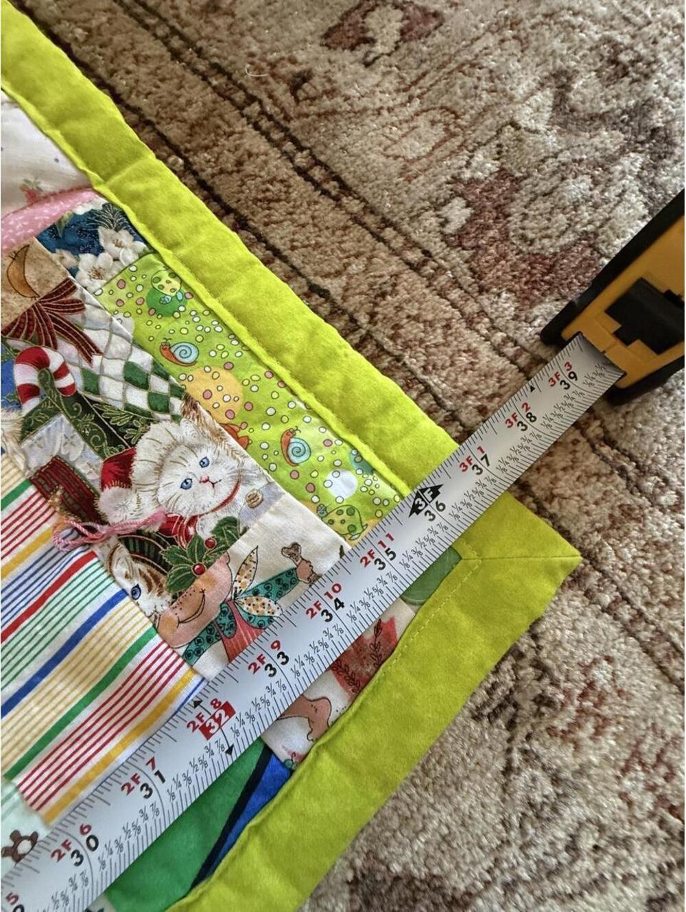 Handmade Patchwork crib lap 37x29 quilt with multicolored fabric squares green - Picture 2 of 4